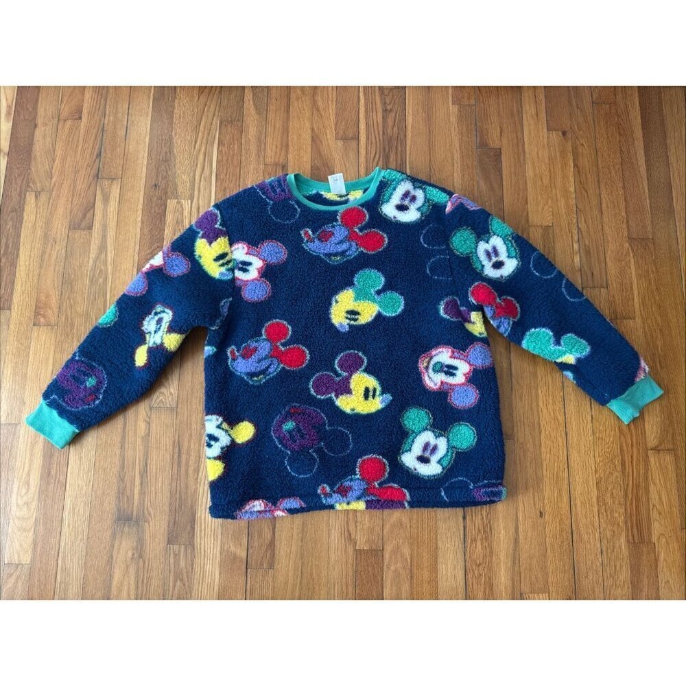 Disney Sweater Mickey Mouse Blue Women's Sherpa Fleece Pullover Crewneck Size XL